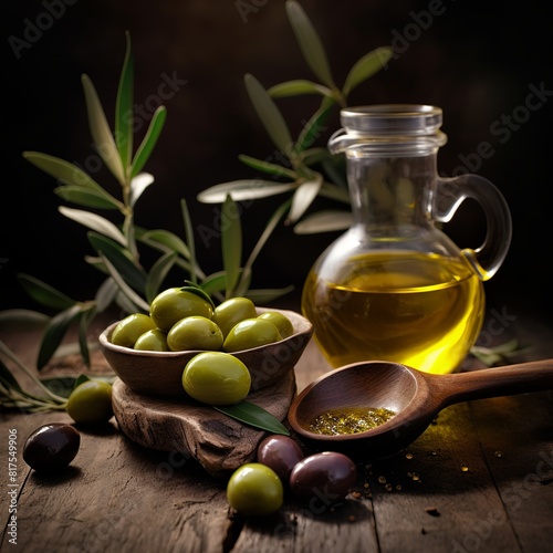 illustration of Olive oil in the small glass bowl wooden spoon with, Generative ai