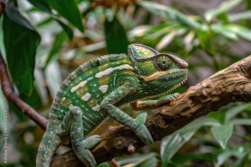 Fototapeta premium A veiled chameleon perched on a branch, slowly changing its skin color from green to brown as it blends into the background foliage.