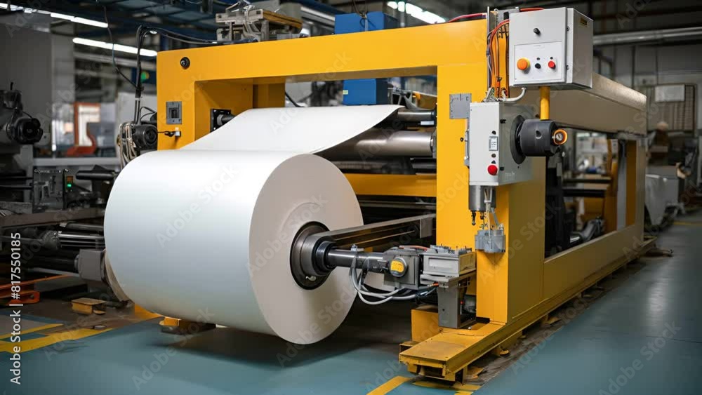 Modern machine for the production of paper rolls , Storage of paper rolls at a warehouse in a paper factory Modern machine for the production of paper rolls , Storage of paper rolls at a warehouse in a paper factory