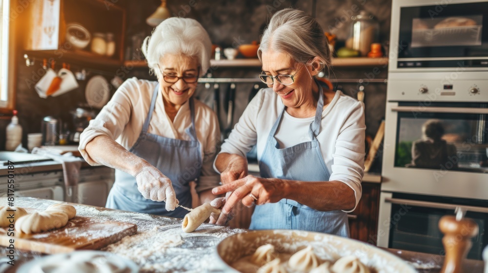 Two elderly women enjoying baking together in a cozy kitchen, happily kneading dough with smiles and laughter. Two elderly women enjoying baking together in a cozy kitchen, happily kneading dough with smiles and laughter.