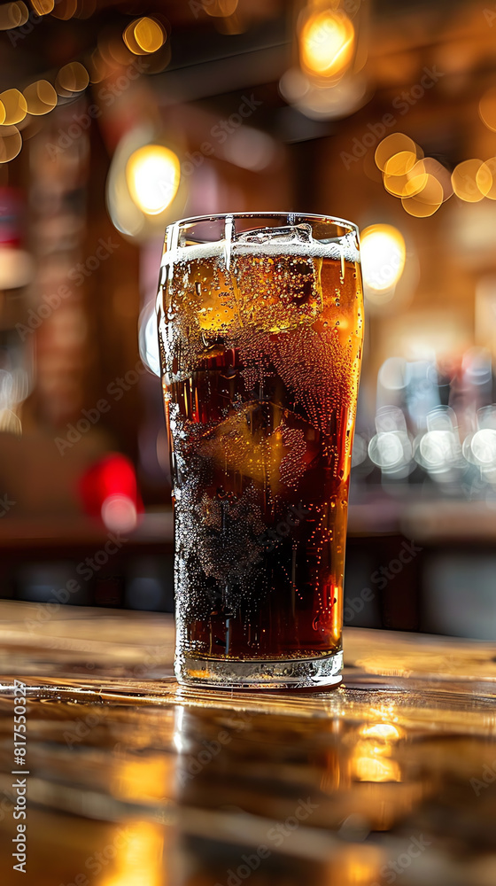 A glass of dark beer on a wooden bar top in a cozy pub with warm lighting A glass of dark beer on a wooden bar top in a cozy pub with warm lighting