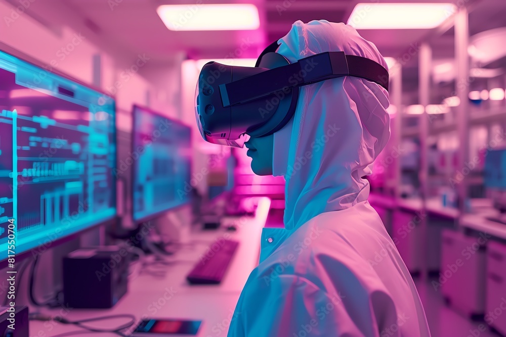 Analogouscolored VR scene in a modern lab, merging technology with immersive digital experiences Analogouscolored VR scene in a modern lab, merging technology with immersive digital experiences