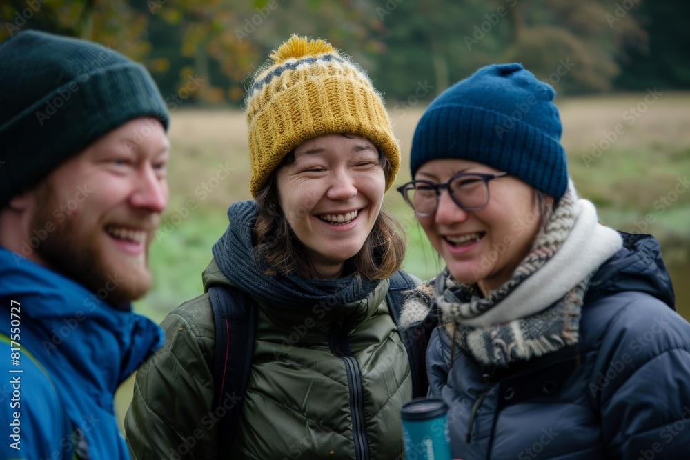 Group of friends hiking in the forest, wearing warm clothes and hats Group of friends hiking in the forest, wearing warm clothes and hats