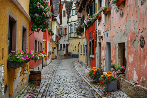 Cobblestone street lined with colorful buildings and flower boxes in a quaint European village during the day photo