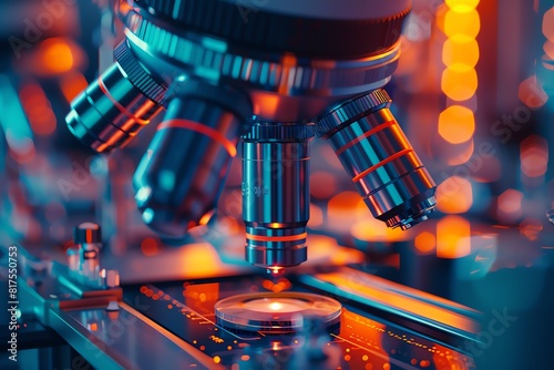 Silicon structures under a microscope in a vividly colored lab, representing advanced technological research