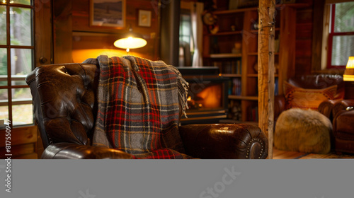 A classic plaid wool blanket scarf draped over the back of a leather armchair in a cozy cabin living room, offering both warmth and rustic charm on a chilly autumn evening.
