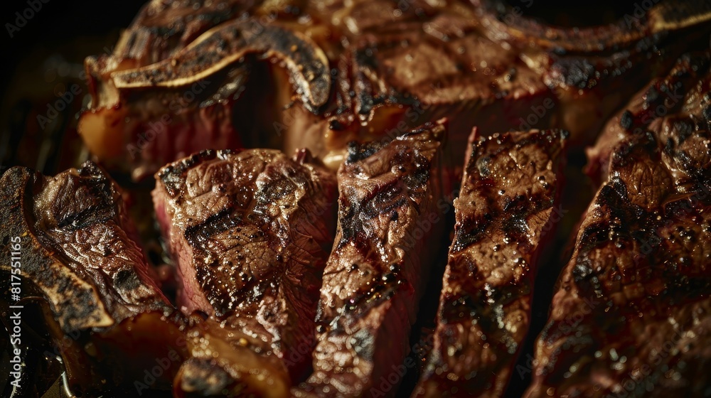 Intimate close-up of a premium Porterhouse steak, focusing on the T-shaped bone and meaty sections, studio lighting enhances the marbling Intimate close-up of a premium Porterhouse steak, focusing on the T-shaped bone and meaty sections, studio lighting enhances the marbling