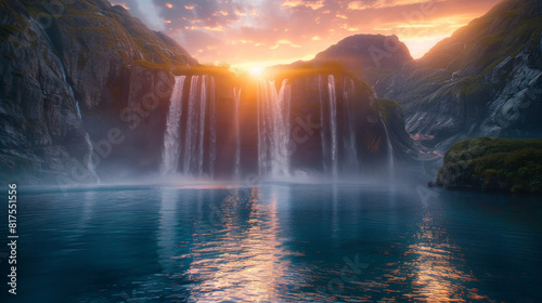 sunset over the lake with waterfall 