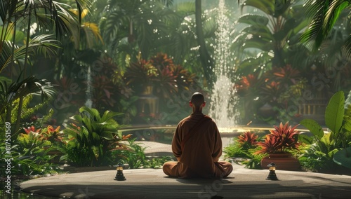 A serene and peaceful photo of a Buddhist monk meditation © ryanbagoez