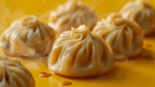 A closeup of steaming xiaolongbao dumplings on an orange yellow background
