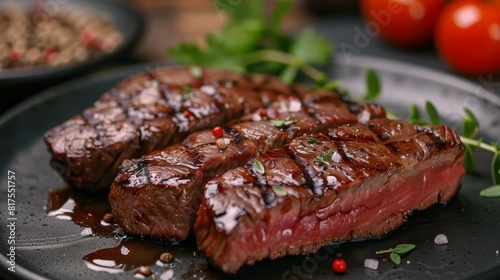 Intimate close-up of a decorated buffalo steak plate, showcasing the steak's premium quality and appealing presentation, studio-lit background