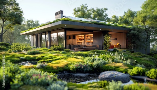 A modern house with a green roof and lots of plants growing on it. The house is made of glass and wood and has a large balcony with a view of the forest.