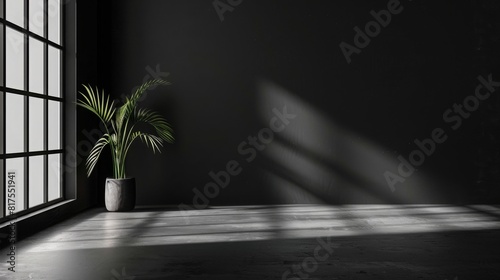 grey shadow studio showcase, shadow sunshine and sunbeam reflection on black and white empty room studio.