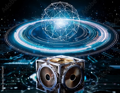 Super powerful quantum computer performing complex calculations at incredible speed. Future generation AI technology concept