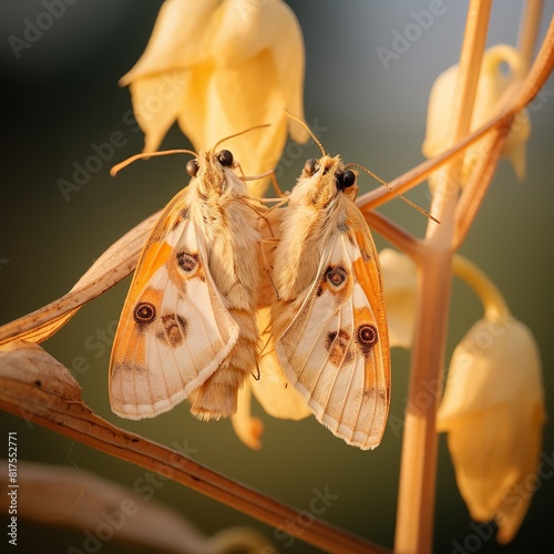 illustration of two helicoverpa moths perched on a soybean leaf, Generative ai photo