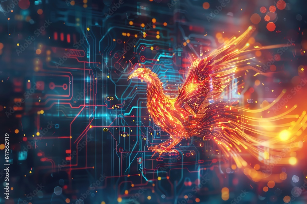A digital phoenix rising from a circuit board, symbolizing renewal through technology, high-tech background, side view, futuristic tone, fiery colors A digital phoenix rising from a circuit board, symbolizing renewal through technology, high-tech background, side view, futuristic tone, fiery colors
