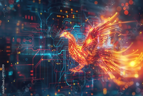 A digital phoenix rising from a circuit board  symbolizing renewal through technology  high-tech background  side view  futuristic tone  fiery colors