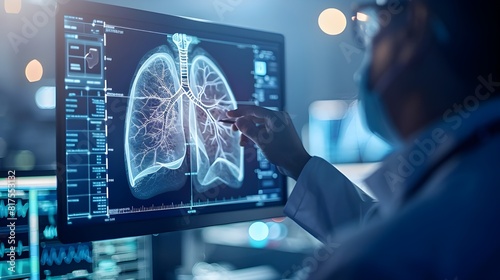Radiology Doctor working diagnose treatment virtual Human Lungs and long  Covid 19 on modern interface screen. Healthcare and medicine, Innovation and Medical technology Concept. photo