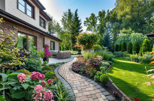 Beautiful home garden with plants and flowers, pathway leading to the house in front of which there is an outdoor seating area surrounded by greenery. 