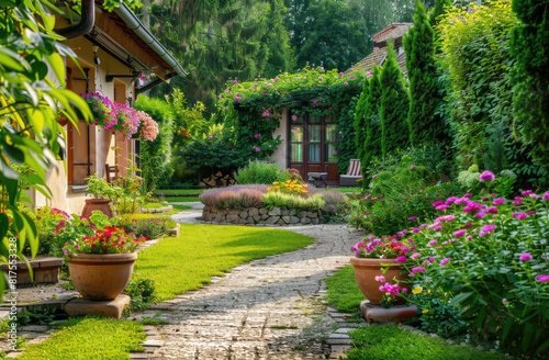 Beautiful home garden with plants and flowers, pathway leading to the house in front of which there is an outdoor seating area surrounded by greenery. 