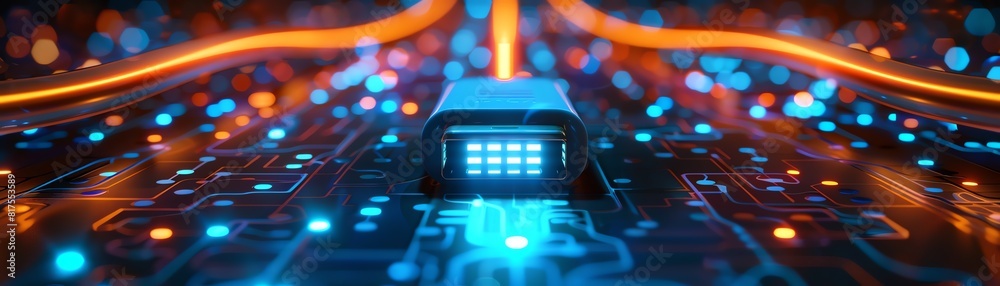 Beautifully designed USB cable with lightup features, front view, Illuminated connection, cybernetic tone, Monochromatic Color Scheme Beautifully designed USB cable with lightup features, front view, Illuminated connection, cybernetic tone, Monochromatic Color Scheme