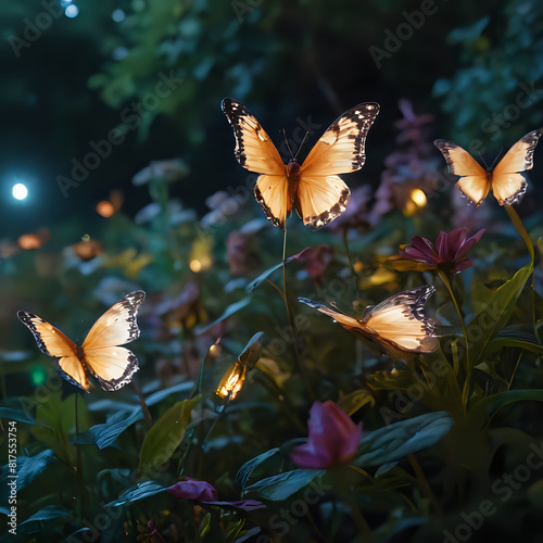 butterflies are flying in the night with lights