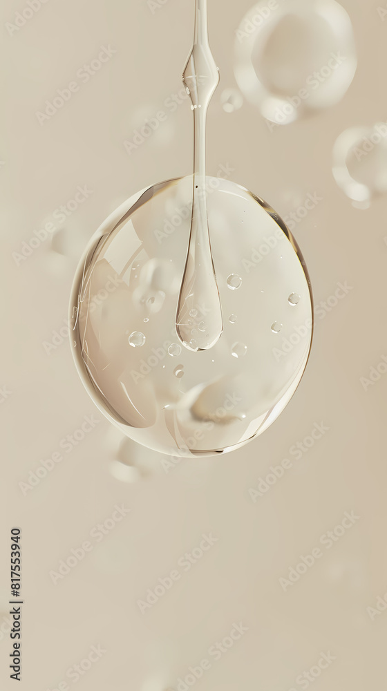 Several transparent water droplets float on a beige background, with light and elegant bubbles Several transparent water droplets float on a beige background, with light and elegant bubbles