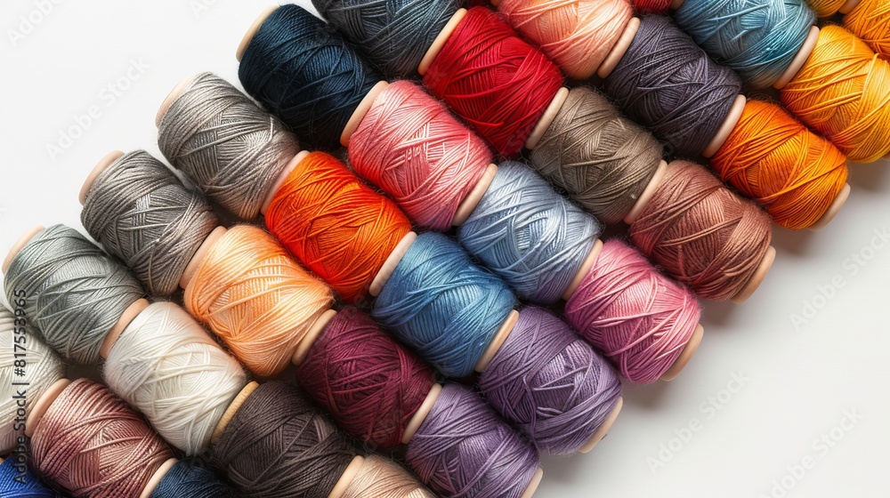 Elegant display of tailor threads in a top-down arrangement, emphasizing the diversity of thread colors, isolated for clarity Elegant display of tailor threads in a top-down arrangement, emphasizing the diversity of thread colors, isolated for clarity