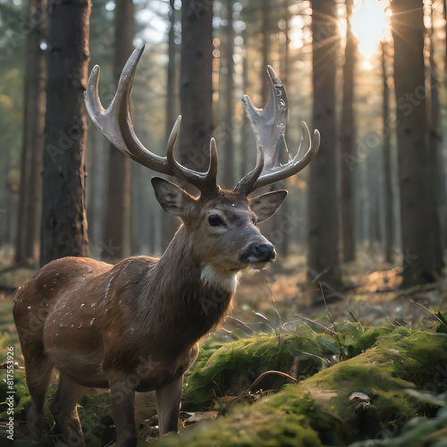 a deer is standing in the woods with the sun shining