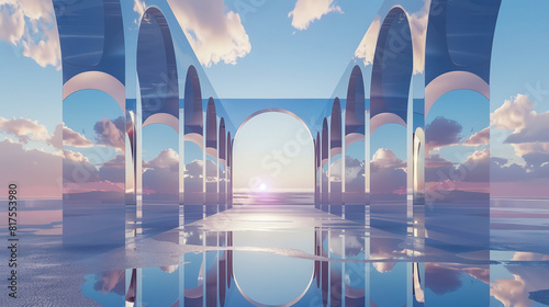 Minimalistic yet surreal landscape incorporating geometric mirror arches in an expansive outdoor setting