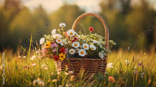 A wicker basket filled with a variety of colorful flowers