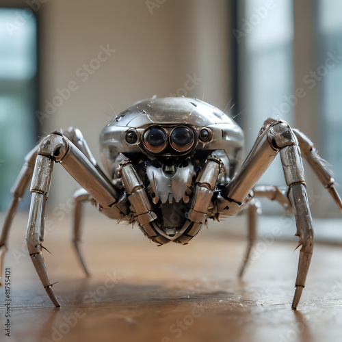 a robot spider with metal legs and eyes