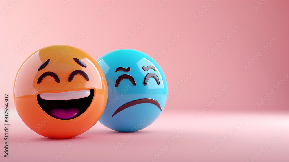 A photorealistic 3D of a topaz laughing emoji next to a cobalt sad emoji, both on a solid pale pink background, highlighting contrast in emotions. A photorealistic 3D of a topaz laughing emoji next to a cobalt sad emoji, both on a solid pale pink background, highlighting contrast in emotions.