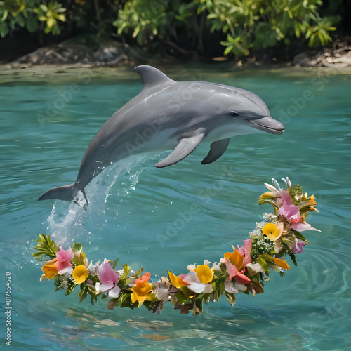 dolphin jumping out of the water with a flower wreath around its neck