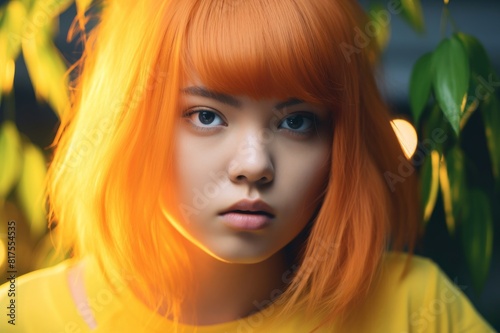 A portrait of a millennial generation young woman with her hair dyed in orange color and wearing a yellow t-shirt