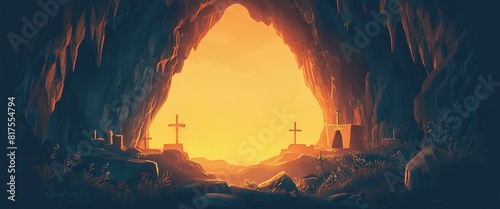 Bibilical: He is not here, He is Risen, Matthew 28:6. Background, Text, Vector Illustration.
 photo