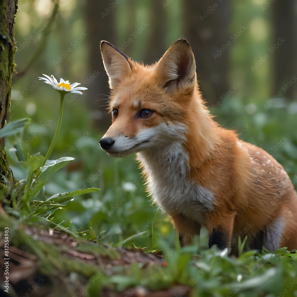 a fox that is standing in the grass with a flower a fox that is standing in the grass with a flower