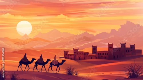 Horizontal banner with caravan of camels in Sahara desert  Morocco. Driver-berber with three camels dromedary on sunrise sky background and traditional moroccan houses 