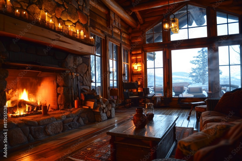 A cozy ski lodge with roaring fireplace and mugs of hot cocoa, cozy log cabin, AI generated A cozy ski lodge with roaring fireplace and mugs of hot cocoa, cozy log cabin, AI generated