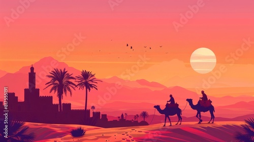 Horizontal banner with caravan of camels in Sahara desert  Morocco. Driver-berber with three camels dromedary on sunrise sky background and traditional moroccan houses 