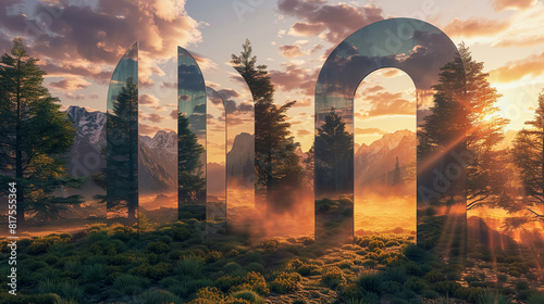 Captivating outdoor environment with a surreal landscape featuring simple geometric mirror arches