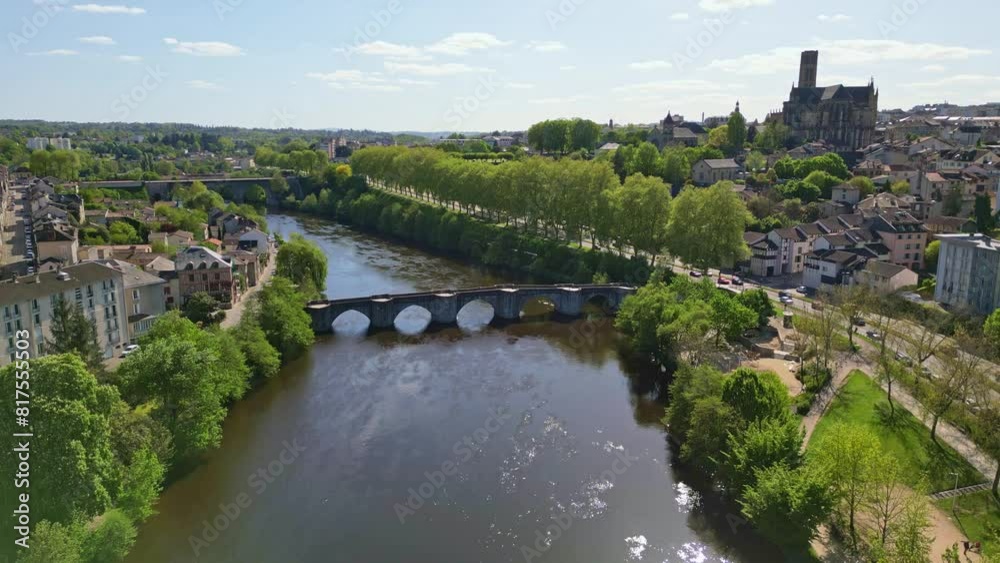 Limoges riverside with bridges and cityscape, France. Aerial forward ascending Limoges riverside with bridges and cityscape, France. Aerial forward ascending
