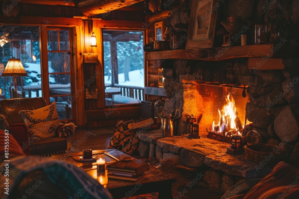 A cozy ski lodge with roaring fireplace and mugs of hot cocoa, cozy log cabin, AI generated A cozy ski lodge with roaring fireplace and mugs of hot cocoa, cozy log cabin, AI generated