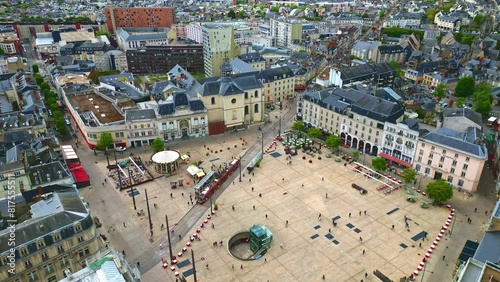 Republic Square or Place de la Republique, Le Mans in France. Aerial drone orbiting photo