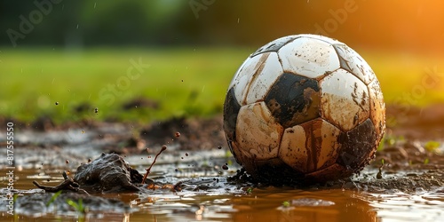 Soccer matches postponed due to thunderstorm with ball on muddy field. Concept Thunderstorm Delays Game, Soccer Match Postponed, Muddy Field Conditions, Weather Impacts Sports © Ян Заболотний