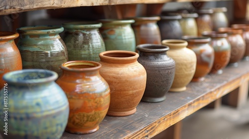 A row of handcrafted ceramic pots awaited their final touches. © klss777