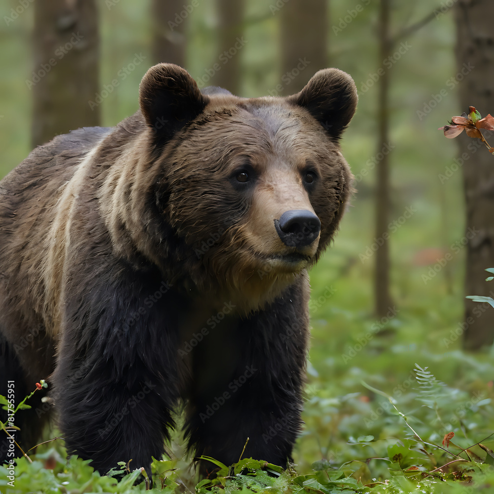a brown bear walking through a forest with tall trees a brown bear walking through a forest with tall trees