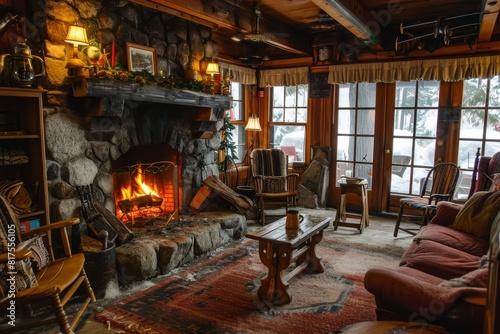 A cozy ski lodge with roaring fireplace and mugs of hot cocoa  cozy log cabin  AI generated