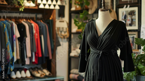 A versatile maternity wrap dress in classic black, displayed on a mannequin in a chic maternity boutique, offering expectant mothers a stylish and flattering option for both casual and formal