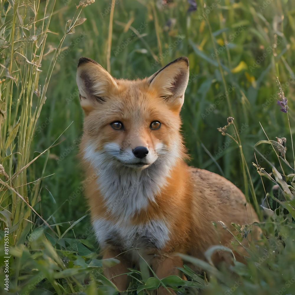 Obraz premium a fox that is sitting in the grass looking at the camera